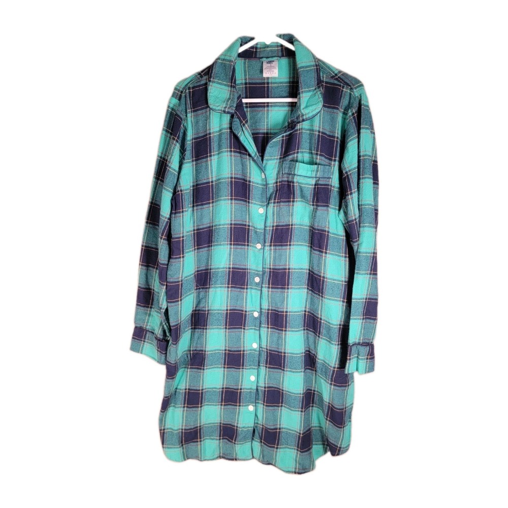 Lands End Flannel Nightshirt Womens XL 18 Green Plaid Sleepshirt Cabincore Retro